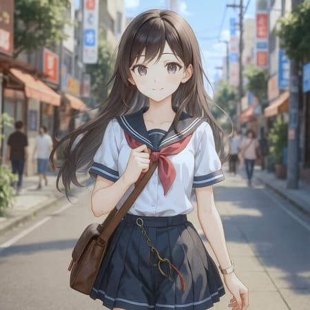 A charming anime girl strolls leisurely down a bustling street, her school uniform impeccably stylish and bathed in the vibrant afternoon light. Her features are rendered in smooth, high-quality CG anime art, embodying the essence of a beautiful high school heroine with lifelike detail. This realistic 3D-style depiction captures her expressive eyes and flowing hair, evoking a sense of youthful vitality. She exudes a sweet yet determined aura, akin to a central character in a visual novel's key visual. Her presence is striking and meticulously painted, as though she has stepped out of a renowned anime painter's studio, her attire and demeanor portraying a perfect blend of realism and classic anime charm.