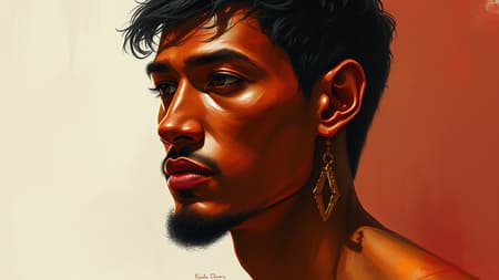 Adam the primordial figure, with a rich red complexion and short ebony hair, depicted in a blend of biblical and gospel influences, executed in a digital masterpiece. A fusion of watercolor and oil techniques, reflecting the painterly approach of renowned artists such as Jeremy Lipking and Antonio J. Manzanedo. Embodying the elegance of Alphonse Mucha, the ethereal quality of Fuller Graves, and the classical touch of Bartolome Esteban Murillo. Inspired by the dynamic style of JC Leyendecker and the digital prowess of Craig Mullins. Echoes the grandeur of Peter Paul Rubens' detailed compositions. Capturing a photorealistic essence with a nod to CGSetivity, this official concept art thrives on ArtStation in high-definition 8k, merging trendsetting visuals with timeless artistry.