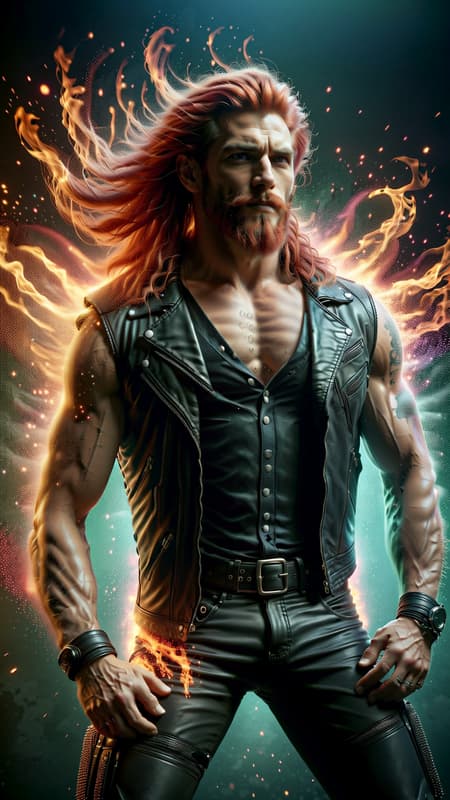Dangerously sexy. Male motorcycle/biker gang member. Heavy Metal, Hard Rock. Mature man, handsome face, thick red goatee, jade green eyes, masculine, manly, very tall, muscular, sinewy, broad chest, big biceps.  long wild locks of flaming red hair, slightly hairy chest, tattoos on arms and chest. Black leather vest exposing chest. black leather pants and boots, studded belt around waist. Surly grin. lying back, legs open, huge crotch. Full body pose. 