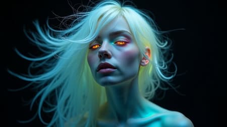 A woman with opalescent hair on a black background, embodying trippy photography style with fluid expressionism and distorted bodies, featuring detailed facial characteristics. Hues of dark white and light cyan intertwine in a ghostcore aesthetic, accented by glowing pastel colors. The composition artfully balances surrealism and ethereal beauty, offering a mesmerizing, otherworldly visual experience.