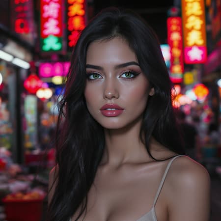 Realistic close portrait of a stunning young supermodel with a melancholy expression, set against a vibrant Asian market backdrop filled with colorful shop neon signs and twinkling night city lights. Her striking green eyes and flawless, symmetrical face with high cheekbones and expressive doe eyes captivate the viewer. Her long, flowing hair resembles cascading ink, complementing her delicate makeup. She possesses a perfectly fit physique with long, elegant legs, photographed in full body. Captured with a cinematic lens, the ultra HD and HDR quality reveal extremely high details, enhanced by an aperture of 1.8 for a soft bokeh effect and subtle lens flare. The scene exudes an extradimensional allure, making it both realistic and slightly ethereal.