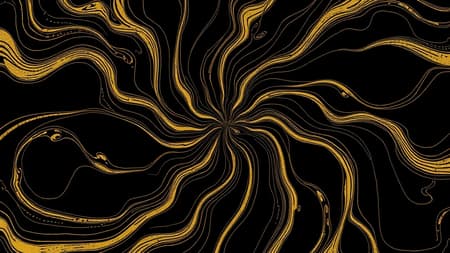 A captivating abstract design featuring swirling, undulating golden lines on a dark, velvety backdrop, radiating from a central nexus with erratic, concentric formations that evoke an entrancing, natural movement. The overall style is striking and illustrative, maintaining a hand-crafted essence yet achieving digital precision. The composition is marked by vivid contrasts, crisp outlines, and dynamic energy, seamlessly blending topographic intricacy with fluid, energetic contours.