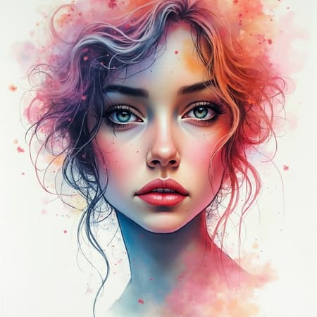 watercolor depiction of a woman, intense realism with high contrast, infused with abstract elements, vibrant colors blending seamlessly, elongated canvas ratio of 1:2, subtle hints of dreamlike fantasy, heightened creativity, focus on delicate details and texture.