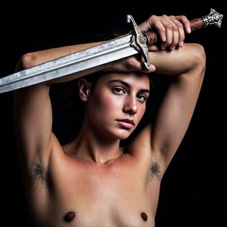 Beautiful topless warrior princess sweating and holding a sword above her head with her armpits in full view. She is taking a moment to catch her breath.