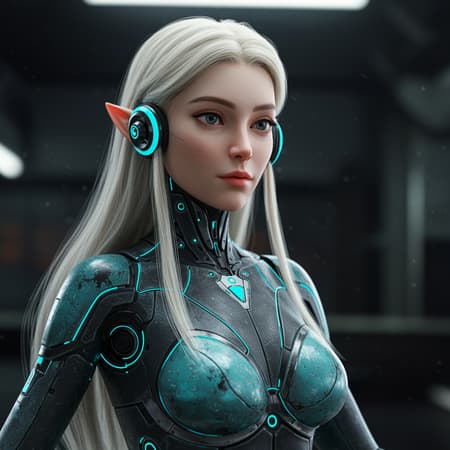 Elf Galadriel Robotic Art Elf Galadriel in a futuristic robotic attire, set against a dimly lit backdrop, wearing sleek earphones, designed in a daz3d meets anime style with a vibrant mix of cyan and black hues. The imagery reflects a blend of ricoh ff-9d aesthetics with a sandalpunk influence, incorporating subtle elements of babycore for a unique twist. The scene captures a harmonious fusion of elegance and technology, seamlessly combining the graceful presence of an elf with the cutting-edge design of a robot ensemble.