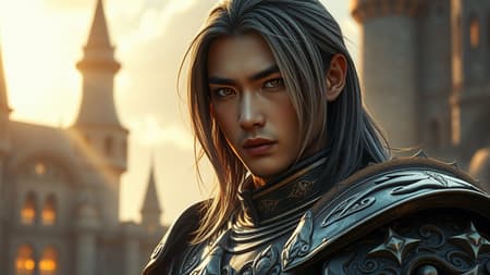 In a medieval fantasy setting, a portrait emerges of a strikingly armored, handsome male Asian warrior. The scene unfolds at a grand fantasy castle bathed in the bright, golden light of morning from the side. His sleek hair, a blend of midnight black and shimmering silver, cascades down with an ethereal touch. Piercing electric eyes glow with an unsettling intensity, hinting at a psychopathic edge that sets him apart from ordinary men. The intricate armor he wears boasts elegant designs, echoing the mystique of his formidable presence.