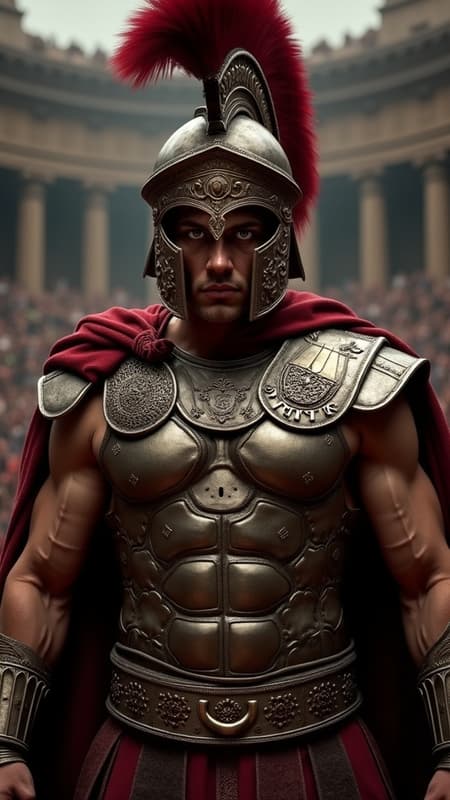 A photorealistic digital illustration showcases a Roman gladiator in a powerful and intense stance, locking eyes with the viewer. The gladiator is equipped with a traditional galea helmet adorned with elaborate engravings and a deep crimson plume. His robust physique is clad in a lorica segmentata armor, intricately detailed with ornate patterns and a lustrous metallic finish. The gladiator's eyes shine with a fierce determination, exuding strength and valor. The background is a dusky, atmospheric arena, with subtle hints of the crowd and ancient architecture in the shadows, amplifying the dramatic and commanding ambiance.