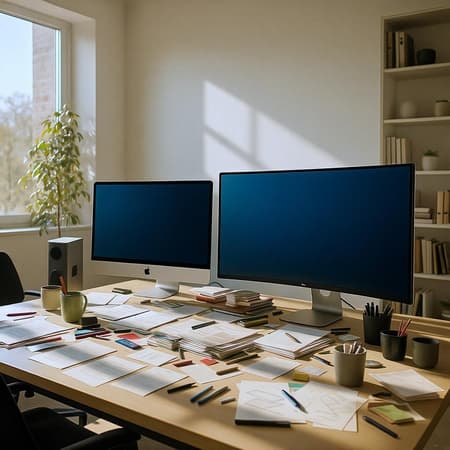 In a spacious, modern office bathed in natural light, two computer monitors—a sleek iMac Pro and a larger curved monitor—dominate a desk scattered with a vibrant assortment of papers, pens, and personal trinkets. The wide-angle perspective captures the expanse of the room, where a tall green plant and a minimalist bookshelf create a harmonious backdrop. Sunlight streams through a large window, casting intricate shadows and highlighting the organized chaos on the desk, evoking a palpable sense of industrious creativity.
