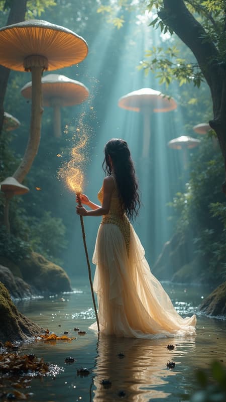 Full body shot of a beautiful, ethereal elf woman with long dark hair and purple skin, wearing a flowing, iridescent gold and white gown, standing barefoot in shallow water. She holds a glowing magical staff, banishing a swirling dark smoke entity with glowing particles to her right. The scene is a mystical, overgrown mushroom forest, with giant, pale fungi dominating the background. Soft, magical light streams from above, creating a dreamy, atmospheric mood. The ground is covered in fallen leaves and mysterious insects. Fantasy art, digital painting, dramatic lighting, volumetric light, intricate details, highly detailed, octane render.