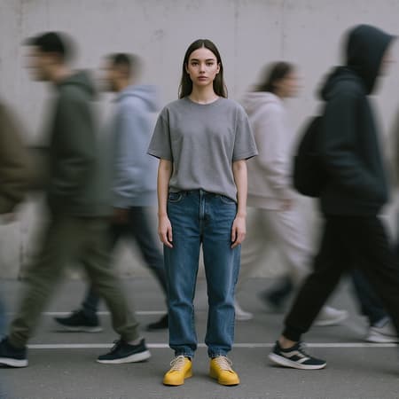 A striking artistic photograph captures the essence of urban hustle with a singular focus on a female professional model standing still amidst the blurred motion of multiple people walking past her. The main model, sharply in focus, wears a grey loose-fit T-shirt, denim jogger pants, and vibrant yellow skateboard shoes, creating a stark contrast with the transient figures around her. Sub models are clad in loose-fit hoodies, jogger pants, and sneakers, enhancing the dynamic motion. Photographed with a Sony α9 II using a Sony FE 100-400mm f/4.5-5.6 GM OSS lens, the scene unfolds in an open, minimalist setting with soft, indirect lighting that underscores the movement. The neutral color scheme and plain wall with subtle texture in the background keep the attention firmly on the motion blur, perfectly embodying the theme of stillness amidst chaos.