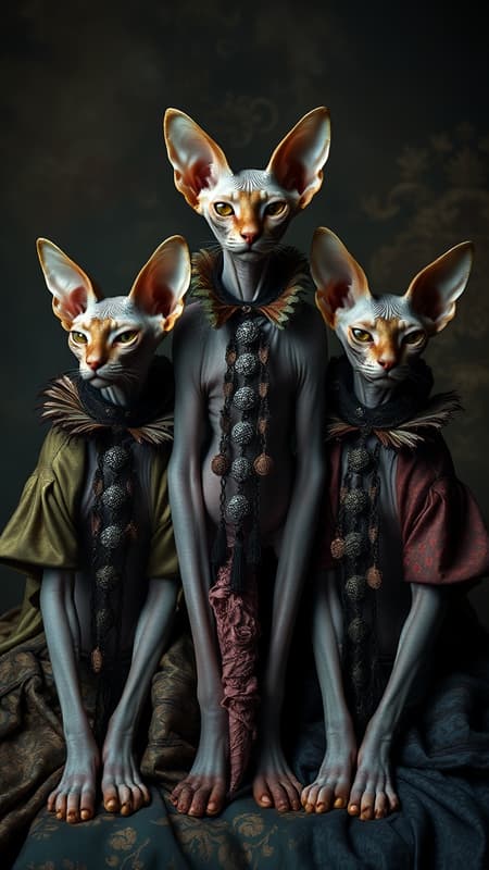 Three regal hairless sphinx cats pose elegantly, adorned in extravagant, surreal costumes that blend the whimsical artistry of Tim Walker with the imaginative flair of Sacha Goldberger. Their garments are crafted with luxurious fabrics and intricate detailing, imbuing the scene with an air of theatrical fantasy. The background is reminiscent of Nicola Samori's dark, moody palette, with textures that echo a baroque aesthetic. The overall composition is both striking and enigmatic, conjuring a dreamscape where fantasy and reality intertwine seamlessly.