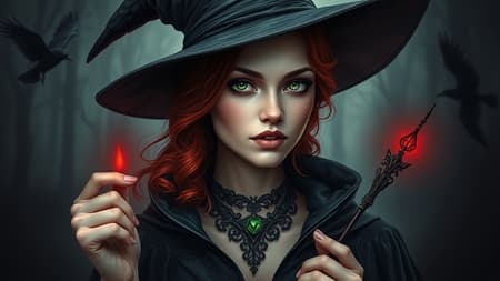 Generated Fantasy Artwork The image is a digital fantasy artwork depicting a witch with captivating features. The subject is a woman with alabaster skin and fiery auburn hair cascading in loose waves. She dons a traditional black witch's hat and a shadowy cloak with delicate lace edging. Her eyes are a brilliant, luminescent green, and her parted lips reveal sharp, elongated canines. She grasps a wand in her right hand, which radiates a crimson, magical aura. Around her neck is an intricate, ebony choker adorned with an emerald gemstone pendant. The backdrop is a shadowy, mist-laden forest, with silhouettes of ravens soaring above, enhancing the mystical and haunting ambiance. The overall color palette is dominated by deep hues with red accents, amplifying the ethereal theme of the image.