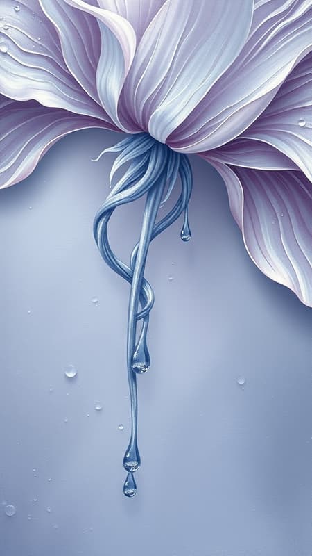 Surrealist painting depicting delicate water droplets cascading down the twisting stem of a flower, blending seamlessly with elements of Picasso’s surrealism. The scene features melting and intertwining materials, rendered in soft silver and light purple hues. Intricate layers create a dreamlike texture, capturing an ethereal balance between fluidity and structure, with a sense of perpetual transformation.