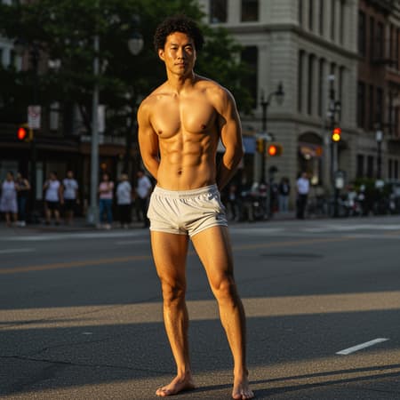 City, 35-year-old Asian Artwork In the heart of the bustling city, a striking 35-year-old Asian American man of Japanese descent stands confidently in the late afternoon light. His muscular frame is accentuated by revealing shorts that highlight his athletic build. His flawless complexion and handsome features are perfectly captured in this award-winning portrait. The sun casts a warm glow on his short, jet-black curly hair while highlighting the natural sheen of his skin. Sunlight dances across his hairy legs, and bare feet are elegantly poised on the urban pavement. Shot with a Hasselblad 500C using a 55mm f/1.8 lens, this portrait embodies the exquisite quality of Kodak Portra 800 film, offering extreme depth of field and a play of available light with high contrast in stunning Ultra HD and HDR.