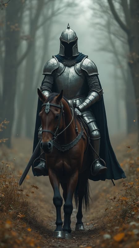 A solitary knight traverses through a mystical medieval landscape, enveloped in an aura of fantasy and mystery. Clad in full, gleaming armor that catches the cinematic lighting, the knight embodies the spirit of a wandering warrior seeking adventure. The ambiance is rich with medieval charm, creating a backdrop of intrigue and wonder. Intricate details define the knight's armor, reflecting the craftsmanship of a bygone era. Beside the knight, a noble horse strides, its sleek form a testament to the elegance of these creatures. The knight's face is partially obscured by a finely crafted helmet, revealing hints of feminine features that add an unexpected beauty to the formidable presence. The magical environment is seamlessly blended, despite the occasional ethereal distortions that linger at the edge of perception, like multiple eyes blinking in and out of existence or hands that seem to hold more than they should. These subtle anomalies evoke a sense of otherworldliness in this medieval masterpiece.