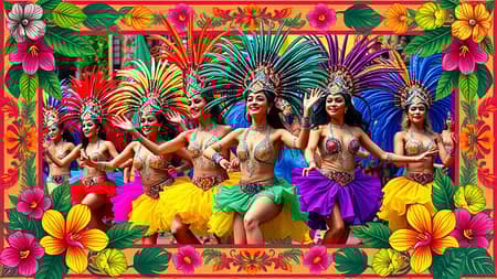 Vibrant scene of a Brazilian carnival celebration featuring lively dancers in colorful costumes, with intricate feathered headdresses and shimmering sequins, set against a festive background. The scene is framed with decorative borders inspired by traditional Brazilian patterns, filled with tropical flowers and abstract motifs, capturing the joyful spirit and rhythm of the festival. The vertical composition enhances the dynamic movement and energy of the celebration.