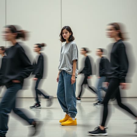 A dynamic urban scene capturing the essence of hustle, features a single focused female model standing still amidst a sea of motion. The model, dressed in a grey loose-fit T-shirt and denim jogger pants, complemented by vibrant yellow skateboard shoes, remains sharply in focus as blurred figures swirl around her. These background figures are clad in loose-fit hoodies and jogger pants with sneakers, enhancing the sense of movement. Captured with a Sony α9 II and Sony FE 100-400mm f/4.5-5.6 GM OSS lens, the setting is an open, minimalistic space with soft, indirect lighting, featuring a neutral color palette that accentuates the motion blur. The plain, subtly textured wall in the background contrasts with the dynamic energy, highlighting the theme of stillness amidst chaos. The image is in raw style with a high level of stylization, offering a unique take on the urban landscape.