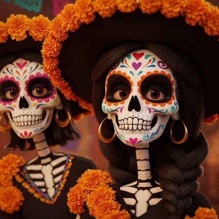 Day of the Dead celebration, in the style of Unreal Engine 5 with caricature-like illustrations, featuring exaggerated facial expressions in a close-up perspective. The artwork showcases vibrant colors and intricate details, capturing the festive and lively spirit of the holiday. Skulls adorned with elaborate face paint and adorned with marigolds, set against a colorful backdrop. The scene is brought to life with dynamic lighting and rich textures, encapsulating the essence of cultural tradition and joyful remembrance.