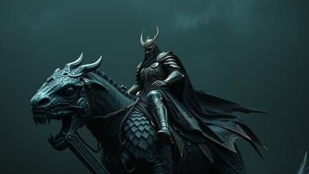 Famine, Clad Battle Artwork Famine, clad in elaborate battle armor, sits astride a monstrous steed, casting a haunting figure against a dark, cinematic backdrop. The scene is rich with intricate designs and details, captured with photography lighting that heightens the horror and intensity. The image is photorealistic, with a cinematic feel enhanced by natural film grain and octane rendering techniques. Every aspect is meticulously focused, rendered in 8k resolution for hyperrealism. Enhanced through VFX post-production and RTX ray tracing lighting, the artwork is worthy of an ArtStation or CGSociety feature, presenting a chilling, yet captivating vision of despair and darkness.