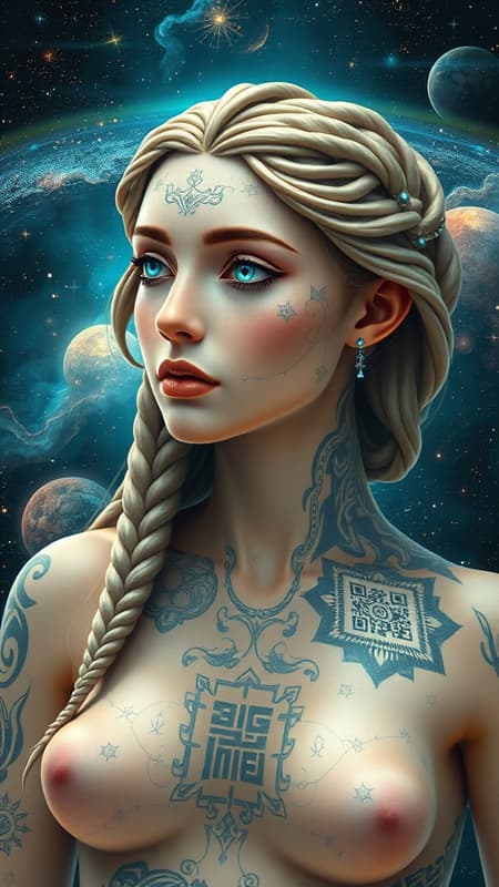 A Botticelli-inspired masterpiece depicting the Birth of Venus, featuring a humanoid android with a luminous, alabaster Egyptian-Arab skin that is both translucent and radiant, adorned with intricate digital tattoos and cybernetic enhancements. Her skin is a canvas for a prominent tribal QR code tattoo. Set against a cosmic ocean of stars and nebulae, her presence is ethereal. She has captivating blue crystal eyes, exuding a sense of otherworldly wisdom. Her hair is elegantly braided, merging organic aesthetics with futuristic design elements, embodying a harmonious blend of technology and beauty amidst a celestial backdrop.