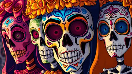 Day of the Dead celebration, Unreal Engine 5 style, featuring caricature-like illustrations with vibrant colors, exaggerated facial expressions, and intricate face paint details, set in a close-up perspective to capture every nuance of emotion and ornamentation, maintaining an aspect ratio of 1:2, personalized flair, highly stylized with cultural elements, Version 6.1-inspired creativity.
