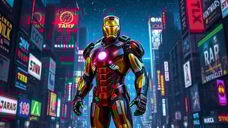 A full-body Iron Man-inspired character stands confidently in front of a sprawling futuristic cyberpunk cityscape, illuminated under the starry night sky. The scene captures the character in a striking dynamic pose, surrounded by a symphony of flickering neon signs and holographic billboards casting vibrant fluorescent light. Their luxurious armored suit is a masterpiece of engineering, featuring highly detailed and photorealistic chrome accents interwoven with striking hues of crimson red, electric blue, and gleaming gold. The armor's sleek design and polished finish reflect the surrounding city lights, showcasing an exceptional level of intricacy and craftsmanship. The setting exudes a sense of advanced technology and vibrant urban life, complementing the character's powerful presence against the ultra-sharp 8k backdrop.