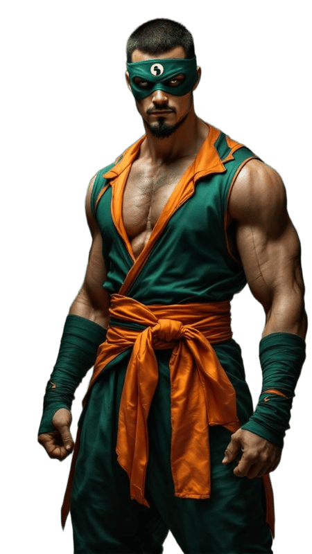 A powerful superhero with a chiseled physique stands confidently, wearing a distinctive green and orange costume with a mask. The dramatic lighting emphasizes his strong build and intense gaze, suggesting readiness for action.