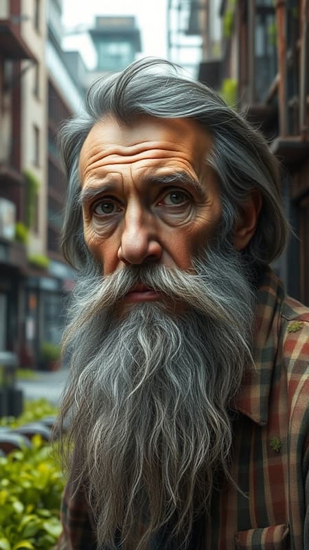 A photorealistic digital painting of an elderly man with a long, flowing beard tinged with dark gray streaks, set against a backdrop of an urban scene infused with the unique aesthetic of algeapunk. The scene is rich with rusty debris and hints of overgrown algae blending into the architecture, creating a lush juxtaposition of decay and life. The composition captures the man's wise and vibrant expression, portraying him as a figure of resilience and contemplation amid the urban chaos. His eyes are keen and reflective, a focal point in this vibrant portrait. The soft-focus technique adds an ethereal quality, lending a sense of serene detachment despite the bustling city around him. The overall imagery evokes a feeling of timelessness and introspection, blending the gritty realism of the urban landscape with the vivid storytelling captured in Flickr's finest photographic works.