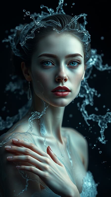 Elegant woman composed of water, featuring hyper-realistic and fantasy elements, intricately detailed with photo-realistic eyes, dynamic water splashes, mysterious lighting, 8k quality, UHD, HDR. Model: Dark Sushi 25D, inspiring beauty and fluidity. Avoids duplication, disfigurement, or mutations to maintain natural harmony and grace. Steady gaze with proportional features, elegant neck, and graceful hands. Clear, complete frame without blurs, maintaining high resolution clarity devoid of artifacts, external markings, or distracting textual elements. Elegant woman composed of water, featuring hyper-realistic and fantasy elements, intricately detailed with photo-realistic eyes, dynamic water splashes, mysterious lighting, 8k quality, UHD, HDR. Model: Dark Sushi 25D, inspiring beauty and fluidity. Avoids duplication, disfigurement, or mutations to maintain natural harmony and grace. Steady gaze with proportional features, elegant neck, and graceful hands. Clear, complete frame without blurs, maintaining high resolution clarity devoid of artifacts, external markings, or distracting textual elements.