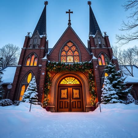 A picturesque winter scene showcases the grand exterior of Kirk in the Hills Presbyterian Church nestled in Bloomfield Hills, MI. The church’s Gothic architecture is beautifully highlighted by a blanket of freshly fallen snow, its majestic spires reaching toward a crisp, azure sky. Warm, golden light spills from the impressive stained glass windows, casting colorful reflections upon the snowy ground and inviting a sense of peace and reverence. Holly and evergreen garlands adorned with twinkling fairy lights frame the grand wooden doors, adding a festive touch. In the foreground, gentle snowflakes dance through the air, creating a serene atmosphere that embodies both rustic charm and luxurious beauty. The scene captures the essence of a tranquil yet grandiose Christmas celebration.