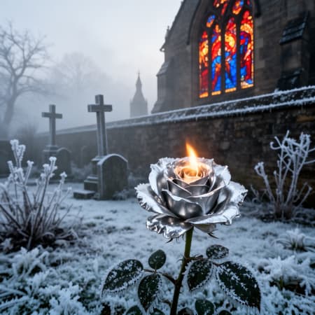 In the garden where the silent sleepers lie,
A rose of molten silver softly gleams,
Its petals catch the last breath of the sky
As afternoon sinks slow in golden dreams.  Beyond the weathered wall, the old church stands,
Its windows painted with a dying fire—
Crimson and sapphire spill across the lands,
A fleeting hymn of light that will expire.  Fog drifts like incense through the leaning stones,
It curls around the crosses, soft and slow,
And wraps the sleeping world in muffled tones,
Where even sorrow learns to softly glow.  Here beauty lingers, neither quite alive
Nor wholly lost to shadow’s quiet claim;
The silver bloom alone dares to survive,
And holds the sunlight like a sacred flame.  Though dusk descends and gloom begins to creep,
Its radiance defies the coming night—
A fragile crown upon the garden deep,
Where death itself is touched by gentle light.  Then winter comes, unhurried and serene,
To lay its silent mantle over all:
Frost weaves a lattice, delicate and clean,
Across the rose and every ancient wall.  Snow falls in whispers, soft as forgotten prayers,
It crowns the silver petals, veils the stone;
Ice glimmers on the stained glass, cold and fair,
And turns the garden to a world of bone.  Yet even under frost’s unyielding art,
The rose endures—a spark beneath the snow—
A quiet promise locked in winter’s heart:
That beauty sleeps, but never lets go.

