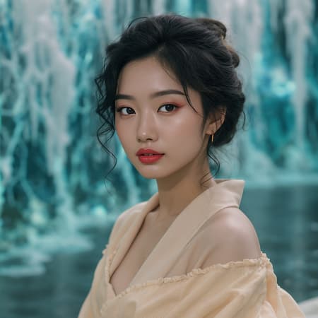An alluring Asian woman with curled hair, embodying the essence of oshare kei, captured in hyper-realistic detail with distinct facial features, a dark beige palette, and the ethereal vibes of mori kei and hallyu. The scene is rendered through the expressive lens of a samyang af 14mm f/2.8 rf, highlighting her presence against a backdrop of surreal, glistening water, maintaining the ratio and style influence intact.