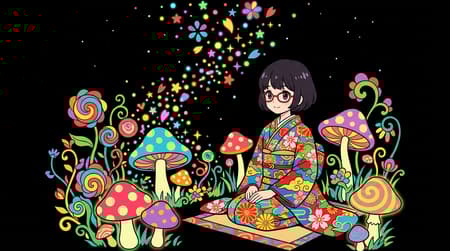 Anime Girl In Psychedelic Mushroom Garden Anime girl with short dark hair and round glasses, wearing a colorful, flower-patterned kimono, sitting amidst a vibrant, psychedelic garden of stylized flowers and mushrooms. The background is solid black, with colorful dots and floral shapes emanating from the garden and swirling upwards. The art style is a blend of anime and psychedelic pop art, with bold outlines and flat, saturated colors. The lighting is bright and even, creating a whimsical and cheerful mood. The atmosphere is joyful and fantastical, with an explosion of bright reds, blues, yellows, greens, and oranges against the dark backdrop. High detail.