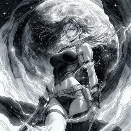 Full body depiction of a fierce adventurer inspired by Lara Croft, in a manga comic book style, black and white pencil sketch, highly detailed and intricate design, capturing a sense of motion and drama, trending visual on art platforms, extreme attention to detail, cinematic and evocative, masterpiece quality akin to high-end photography, set in a stunning environment, engaging line art with an award-winning composition, shiny and smooth textures with surreal and celestial elements, exuding elegance, resembling a fine art oil painting with a soft, fascinating allure, official art CGI quality, 3D rendered with octane-like clarity, intricate yet delicately blended features capturing mystical surroundings, smoothly integrated design, soft focus on some elements to create depth, avoiding any distortion or doubling, harmonious anatomy with graceful and dynamic poses.