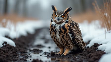 
On the first and second image you can see Hooh - large pet great horned owl. I want to make another pic with this owl


A photorealistic outdoor scene on a grey, overcast late winter day. The ground is a messy mix of dark, churned-up dirt and patches of slowly melting snow, the snow looking slushy and gray at the edges. Several inches deep in this cold, unpleasant muck, the majestic Great Horned Owl, Hooh, stands with her feet clearly sunk into the dirt. Her lower legs are caked with mud.

She looks directly at the camera with an expression of profound, withering unimpressedness—her golden eyes half-lidded, her beak slightly downturned, her entire posture radiating "this is what you wanted?" A few stray snowflakes cling to her feathers. In the blurry background, there's a suggestion of brown grass and bare trees.

A small, ironic speech bubble floats near her head, containing the text: "Touch grass, they said."

The mood is a perfect blend of absurdity and relatable disappointment. The lighting is flat and grey, emphasizing the cold and mud. Hyperrealistic details: every feather, the texture of wet mud, the melting snow, Hooh's spectacularly unimpressed face.