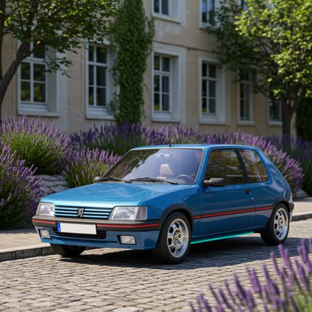 Blue 4-door Peugeot Art A vibrant blue 4-door Peugeot 205 with sleek, modern lines hints at a slight futuristic redesign, featuring slightly larger alloy wheels and subtle neon accents under the chassis, parked on a sunlit cobblestone street lined with blooming lavender bushes.