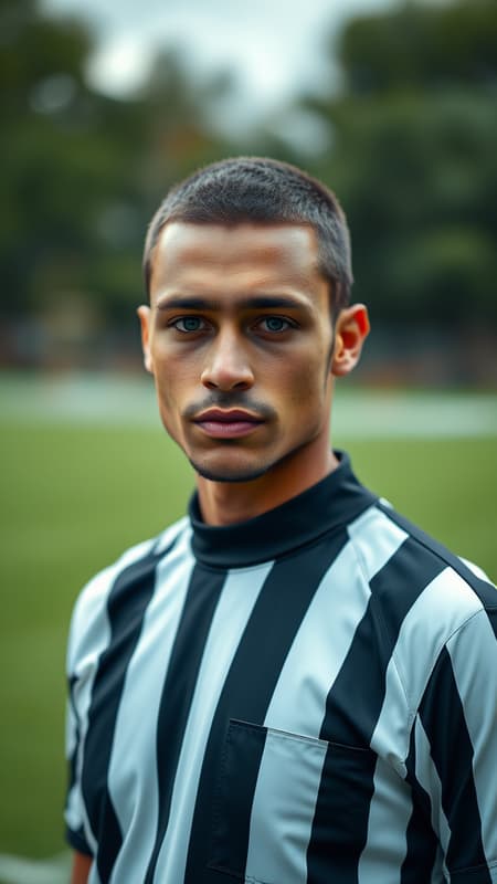 Standing confidently on a lush green football field, an attractive individual is dressed as a football referee. They are at the center of the scene, making direct eye contact with the viewer. The portrait captures their features with a photo-realistic quality, showcasing detailed skin texture with an 8k resolution. The entire scene is portrayed in a full-length frame with high-detail RAW color. Soft, diffused lighting bathes the subject, creating a shallow depth of field that enhances the sharp focus on the individual. The imagery boasts hyper-realism, accented by cinematic CGI lighting. The realism is striking, devoid of any digital errors such as pixelation, poorly drawn elements, or other visual deformities, ensuring an immersive and high-quality visual experience. Standing confidently on a lush green football field, an attractive individual is dressed as a football referee. They are at the center of the scene, making direct eye contact with the viewer. The portrait captures their features with a photo-realistic quality, showcasing detailed skin texture with an 8k resolution. The entire scene is portrayed in a full-length frame with high-detail RAW color. Soft, diffused lighting bathes the subject, creating a shallow depth of field that enhances the sharp focus on the individual. The imagery boasts hyper-realism, accented by cinematic CGI lighting. The realism is striking, devoid of any digital errors such as pixelation, poorly drawn elements, or other visual deformities, ensuring an immersive and high-quality visual experience.