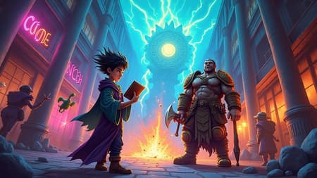 A modern fantasy comic book cover illustrated in a clean, sharp, highly textured digital-painterly style — vibrant, dynamic, and character-focused, blending the dramatic lighting and painterly realism of Arcane with the expressive exaggeration and bold energy of Hearthstone splash art. The composition is punchy, colorful, and instantly readable, with strong silhouette design and exaggerated expressions for comedic impact.
Front and center stands an utterly overwhelmed young battle-mage, robes half-buttoned and slightly singed, holding a glowing spellbook upside down as chaotic magic erupts around him. His hair is wild and wind-swept from an arcane explosion, and his wide-eyed expression screams, “This was NOT in the tutorial.” One hand crackles with unstable neon-blue lightning, while the other desperately tries to swat away a tiny floating imp that’s yanking at his hood.
Beside him, leaning casually against a cracked stone pillar, is his unimpressed companion — a towering orc barbarian in bright, over-the-top heroic armor, arms crossed, eyebrow raised, completely untouched by the magical disaster unfolding inches away. His axe rests on his shoulder, and he’s sipping tea from a comically delicate porcelain cup as fireballs whiz past. His expression reads: “I told you not to touch it.”
In the background, the fantasy city street is in shambles: a magically animated broom is aggressively chasing a terrified guard, a potion shop sign is spinning wildly after being struck by stray magic, and a portal has opened midair — but instead of something terrifying emerging, an annoyed goose is stepping through, glowing with ominous arcane energy.
The title text is bold and stylized at the top, metallic with glowing magical cracks running through it. Magical energy swirls around the lettering, interacting with the characters — sparks bouncing off armor edges and casting vibrant rim-lighting.
The color palette is saturated and playful: electric blues, hot magentas, warm oranges, and punchy emerald greens. Lighting is dramatic but crisp — strong rim lights, glowing spell effects, soft bloom around magical elements, and clean high-contrast shadows that enhance depth without muddiness. Every surface is richly textured: brushed steel armor, woven cloth fibers, glowing magical glyphs, cracked cobblestones, drifting embers, and expressive facial details rendered in high fidelity.
The overall composition is energetic and humorous, capturing a moment of magical chaos frozen at its peak — a cover that promises action, comedy, and fantasy mishaps in equal measure.
Bold, character-driven, vibrant, and mischievously epic — a modern fantasy comic cover that feels alive with motion and personality. 2:3