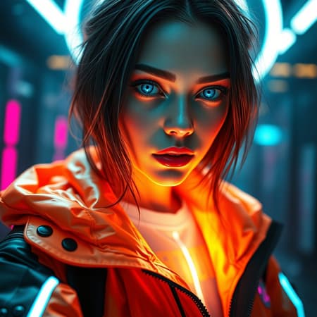 A hyper-realistic cyberpunk female with strikingly radiant blue eyes and a flawless face, clad in a techwear jacket inspired by acronym design. Captured from an epic perspective, her appearance is enhanced by volumetric lighting that creates a magical neon aura around her. The scene is depicted in 8k resolution, emphasizing the vibrant, radiant brightness that makes her presence mesmerizing and unforgettable. Subtle nuances in her attire and expression add layers of intrigue and allure to the futuristic setting.