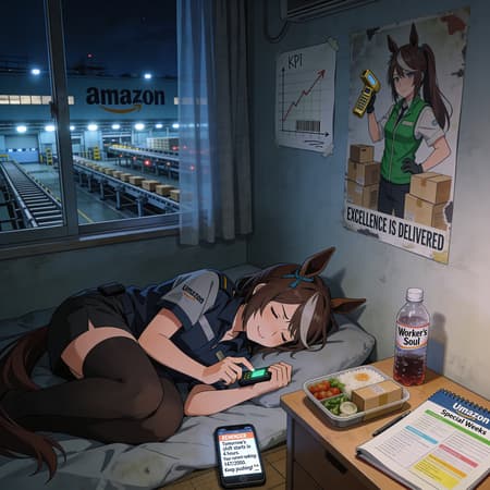 Hello! I want to create a series of pictures with a common world of Umazon - crossover between harsh corporative world of our Amazon and the world of Umamusume! Use the style from provided images. On first image is Special Week's first day at work. On second - Tokai Teyo showing her extreem barcode reading skills. Now, i want to make another picture - about apartment provided to workers of Umazon. Now - In the oppressive silence of her 8-square-meter micro-apartment, Special Week lies curled on a threadbare futon, still wearing half her Umazon uniform, smiling at night. She murmurs in her sleep, brow furrowed, fingers twitching like she's still scanning packages. "Customer is always... priority... pick rate... 300 units per hour..." The corporate mantras drilled during orientation loop through her unconscious mind like corrupted lullabies. Her horse ears twitch with each mumbled phrase, responding even in rest. The room tells the story: a small desk holds an uneaten convenience store bento (cold now), a half-empty bottle of energy drink branded "Worker's Soul," and a dog-eared employee handbook highlighted to death. On the wall, a hand-drawn chart tracks her weekly KPI progress (growing, but far too away from her goal) next to a faded poster of Silent Suzuka (in her green vest, the best Umazon worker, with golden barcode reader in her hand in heroic pose on a pile of boxes) with the slogan "EXCELLENCE IS DELIVERED." Through the thin curtains, the Umazon warehouse looms across the street, its lights never off, conveyor belts humming a constant mechanical heartbeat that has become her only comfort. Her phone buzzes on the floor—a notification she won't see until morning: "REMINDER: Tomorrow's shift starts in 4 hours. Your current ranking: 147/2000. Keep pushing! ^_^"
