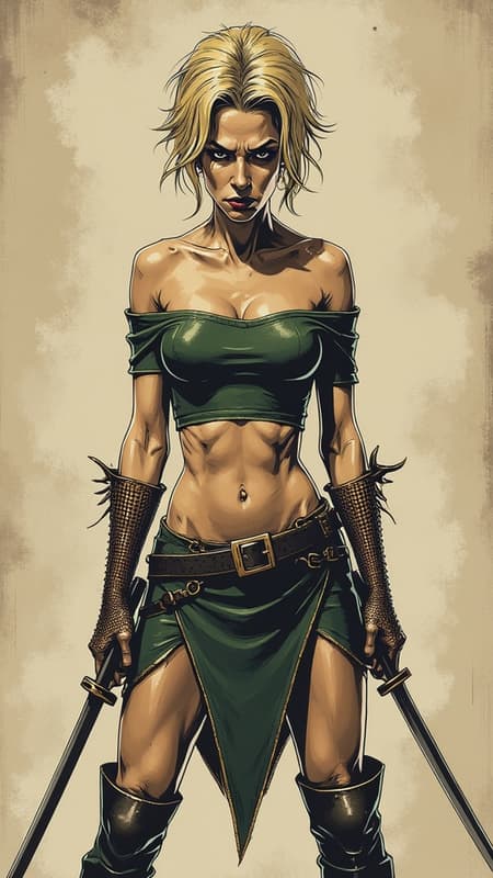 Supervillain, warrior, assassin. Caucasian female, medium height, thin but athletic, quick and dexterous. Brown eyes (always alert), rakish looking, sharp features, very plain, somewhat masculine face. Short length sandy blonde hair just above the shoulders, middle parted with feathered Bangs and volumous feathered hairstyle. Off the shoulder hunter green crop-top with short sleeves and Copper chainmail armor accents, exposing her midriff. Copper bracers on arms. A triangular hunter-green short skirt, the long part in the middle and high on the sides of the hips, joined and held by Copper chainmail accents. Copper colored bucket boots just below the knees, medium boot heels. She carries 2 razor sharp katanas, electrified to zap her target as well as cut them. If she faces any sort of physical attack, she automatically teleports away from the attack. Her bosses send her when they want someone killed quick, and she's more than happy to oblige. Full body pose. Supervillain, warrior, assassin. Caucasian female, medium height, thin but athletic, quick and dexterous. Brown eyes (always alert), rakish looking, sharp features, very plain, somewhat masculine face. Short length sandy blonde hair just above the shoulders, middle parted with feathered Bangs and volumous feathered hairstyle. Off the shoulder hunter green crop-top with short sleeves and Copper chainmail armor accents, exposing her midriff. Copper bracers on arms. A triangular hunter-green short skirt, the long part in the middle and high on the sides of the hips, joined and held by Copper chainmail accents. Copper colored bucket boots just below the knees, medium boot heels. She carries 2 razor sharp katanas, electrified to zap her target as well as cut them. If she faces any sort of physical attack, she automatically teleports away from the attack. Her bosses send her when they want someone killed quick, and she's more than happy to oblige. Full body pose.
