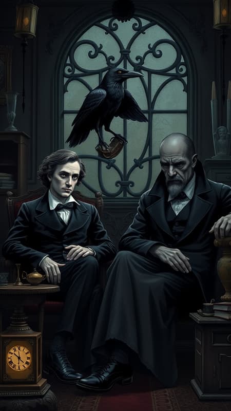 A digital illustration of a Raven perched beside Edgar Allan Poe and H. P. Lovecraft seated in a dimly lit Victorian room, exuding an air of brooding introspection. Their expressions are captured in exquisite detail, with intricately detailed clothing that reflects the gothic elegance of their era. The art style blends the dark whimsy of Edward Gorey with the twisted imagination of Tim Burton and the bold outlines of Mike Mignola. The color palette is subdued and muted, enhancing the overall gothic ambiance. The room is filled with shadows and mysterious artifacts, creating an atmosphere of eerie charm.