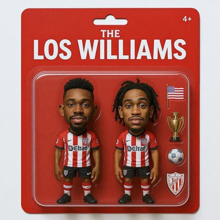 A stylized collectible action figure in a toy package labeled "The Williams Duo" for ages 4+, featuring caricatured versions of Nico and Inaki Williams. They are donning the Athletic Club Bilbao jersey and shorts, complemented by black soccer boots. The package includes interchangeable accessories: a La Liga soccer ball, a Copa del Rey trophy, and a miniature Athletic Club flag. The packaging background is a vibrant red with bold white text that reads "LOS WILLIAMS". The figures feature exaggerated heads, capturing each player's essence in a humorous, satirical style.
