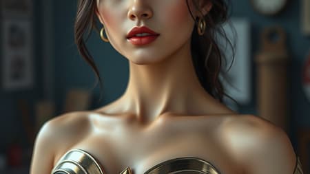 Wonder Woman-inspired attire, delicate and smooth feminine, bust portrait, Asian actress features, super clear facial details, elegant and realistic, perspective-focused, highly detailed digital painting, art station, concept art, smooth and sharp focus, illustration, 8k resolution, blurred background, out of frame, no text, close-up, maintaining high quality with well-proportioned anatomy and natural expressions, avoiding any distorted or duplicated elements, ensuring accurate depiction of limbs and features, emphasizing beauty and elegance in the composition.