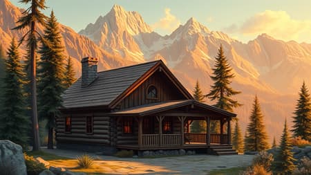 Digital painting of a cozy wooden cabin nestled on a mountainside, in an intricate 3D illustration and vector art style. The scene captures the essence of classic American landscape painting, reminiscent of 1950s illustration style. The cabin is surrounded by lush trees and detailed textures, with a wide view of the majestic mountain range in the background. Warm, inviting lighting suggests a comforting atmosphere.