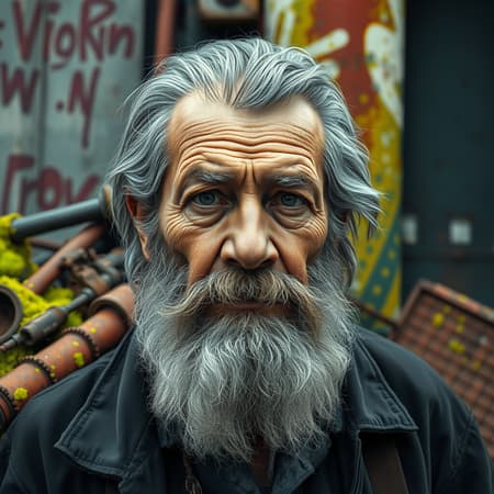 A digital painting of an elderly man with a flowing beard tinged with dark gray hues, set against a photorealistic urban backdrop where rusting debris mingles with bright, algae-covered surfaces, capturing the essence of algeapunk. The vibrant portrait is infused with colors that contrast the gritty environment, reminiscent of artistic shots found on Flickr. The soft-focus of the background creates a dreamlike quality, while the sharp details of the man's expressive eyes and textured skin are highlighted, revealing a lifetime of stories etched into his face.