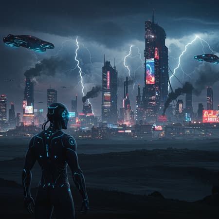 A lone cyborg with glowing blue eyes stands at the edge of a sprawling, neon-drenched metropolis, the air thick with the smoke of industry and the hum of hovering vehicles. The city's towering skyscrapers pierce the night sky, their surfaces glistening with digital ads that flicker like electric ghosts. Above, stormy clouds bristle with flashes of lightning, casting an eerie glow over the urban landscape. The cyborg's alloyed skin reflects the vibrant colors of the city, and their gaze is fixed on the horizon, where the first light of dawn threatens to break the oppressive darkness.