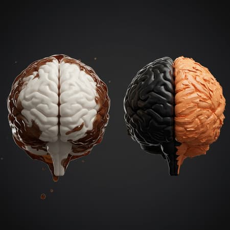 A visually striking scene depicts two distinct brains against a dark gray backdrop. On the left, a pristine white brain is enveloped by swirling currents of deep brown liquid, creating a sense of dynamic movement. On the right, a textured black brain is partially encircled by vibrant strokes of light orange oil paint, adding a layer of contrast and warmth. Soft shadows and subtle highlights accentuate the intricate details of each brain, while the dark background emphasizes the striking color juxtaposition, evoking a balance between fluidity and structure.