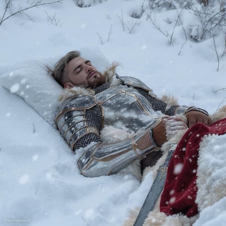 A full male body reclining gently on a blanket of snow, depicting a human knight inspired by Sturm from Dragonlance, showcasing qualities of honor and resilience. The scene captures the essence of a knight taking a restful pause in a serene, snowy landscape. The composition features a meticulously detailed face and expressive eyes, portraying a masterpiece in best quality, captured in 8k resolution with photorealistic detail. This image is influenced by the artistry styles of Jeremy Mann, Sandra Chevrier, and Maciej Kuciara, presenting sharp and realistic features with natural shadows, embodying a 3D visual experience. A setting devoid of distractions such as excess limbs or cartoon characteristics, focusing solely on the noble presence within a wintry backdrop.