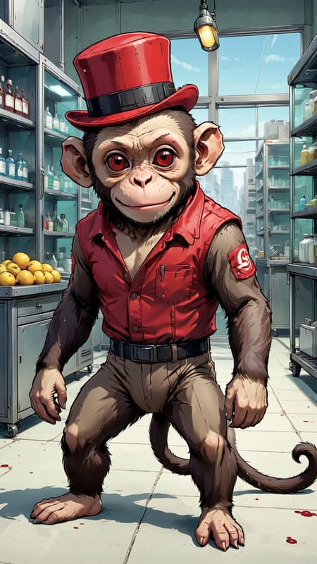 Sci-Fi horror, a lab experiment gone completely wrong. A Capuchin monkey was created in a lab, it was to be cloned and sold in pet stores. The monkey turned out to have human intelligence, as well as a psycho homicidal streak. It killed everyone in the lab and escaped, it now roams the streets with a group of supervillains. The monkey has little glowing evil red eyes and an evil smile. It carries a big sharp butcher's knife and a taser--- it loves shocking people, when he's not cutting them up. He wears a little red vest and a hat, just like the monkies with the organ grinders. He is small, quiet, quick and agile. You will never see or hear him coming, unless he wants you to... {{{Small Capuchin monkey}}} Sci-Fi horror, a lab experiment gone completely wrong. A Capuchin monkey was created in a lab, it was to be cloned and sold in pet stores. The monkey turned out to have human intelligence, as well as a psycho homicidal streak. It killed everyone in the lab and escaped, it now roams the streets with a group of supervillains. The monkey has little glowing evil red eyes and an evil smile. It carries a big sharp butcher's knife and a taser--- it loves shocking people, when he's not cutting them up. He wears a little red vest and a hat, just like the monkies with the organ grinders. He is small, quiet, quick and agile. You will never see or hear him coming, unless he wants you to... {{{Small Capuchin monkey}}}